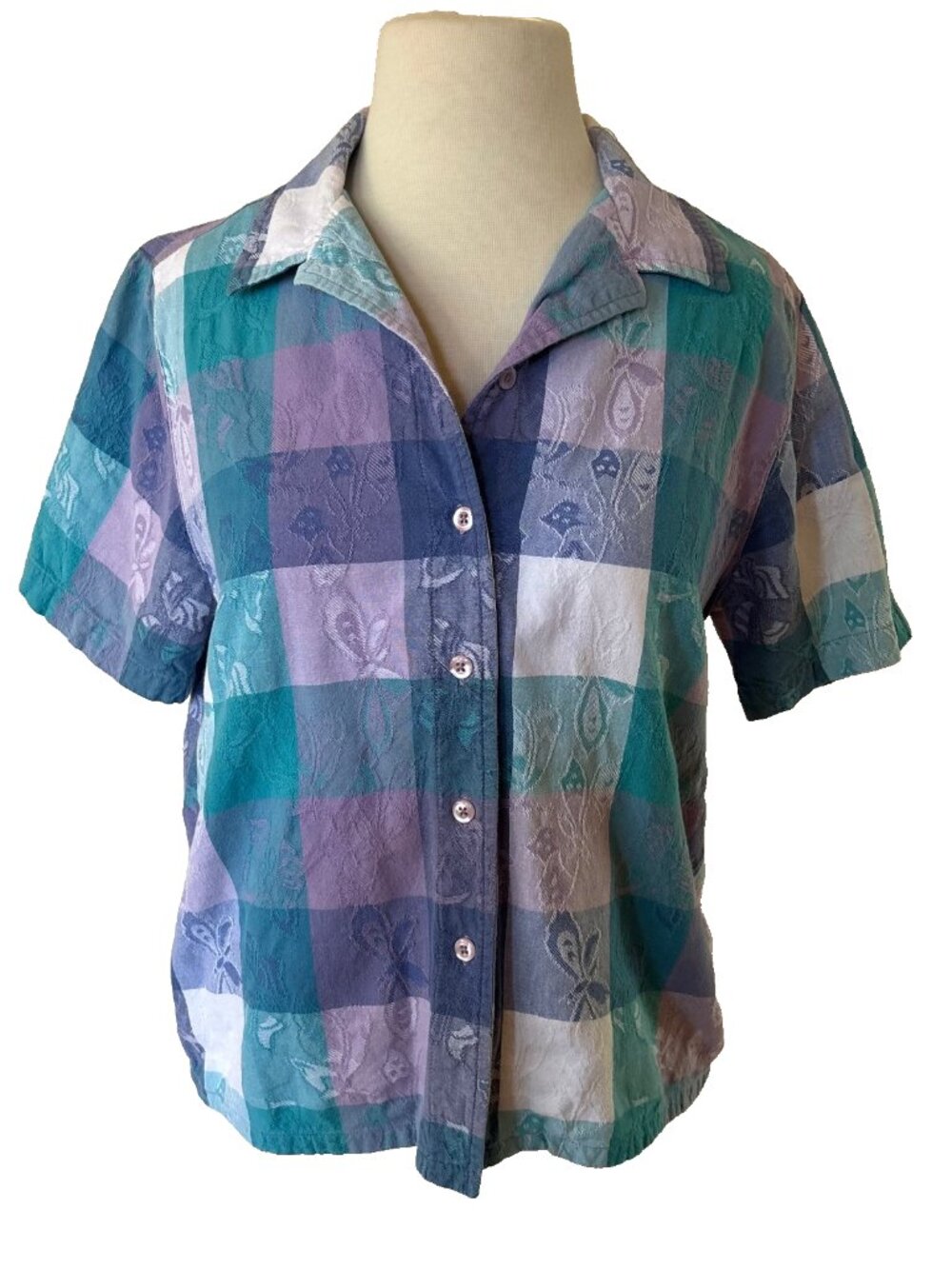 Vintage Plaid Button Down Blouse Blue Purple White Blair Cotton Collared Women S